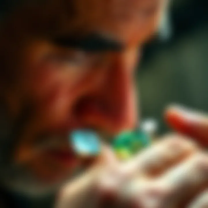 A close-up of a collector examining a beautiful gemstone.