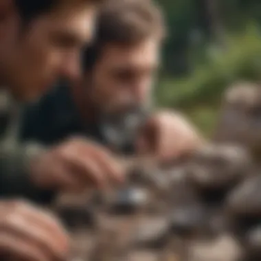 A close-up view of a novice gem hunter examining a stone with a magnifying glass.