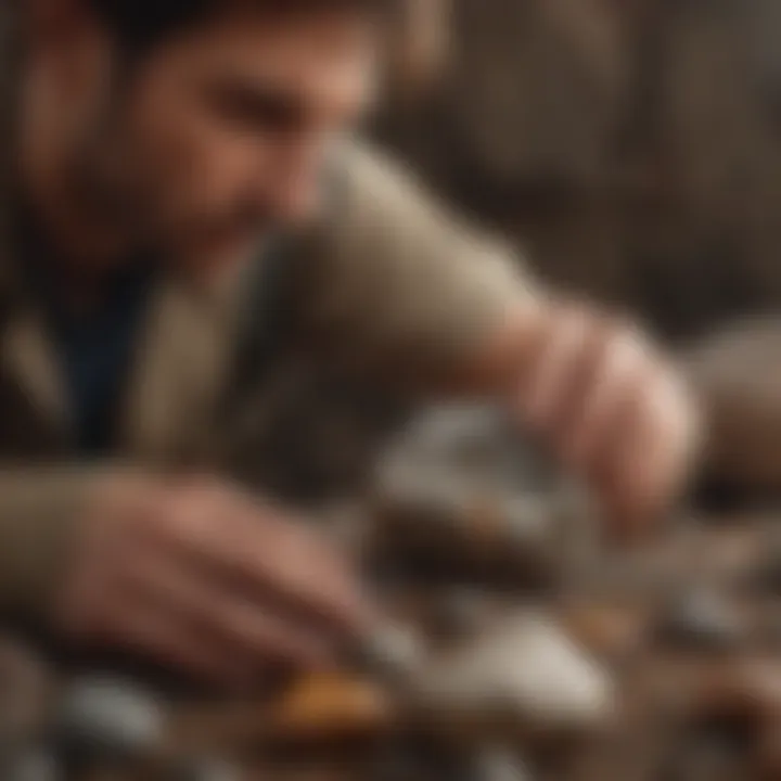 A close-up of a geologist examining a mineral rock under natural light.