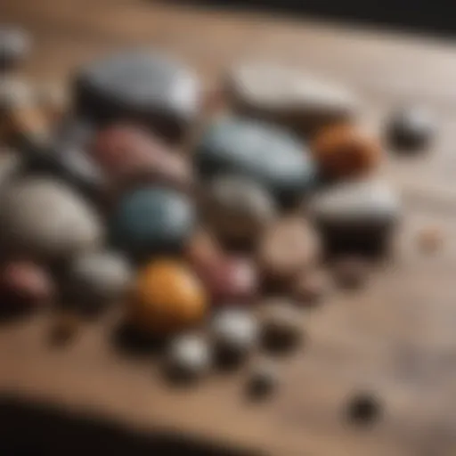 A diverse collection of colorful rocks and stones displayed on a rustic wooden table.