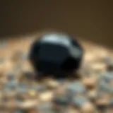 Close-up view of melanite garnet showing its unique black color and luster