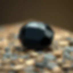 Close-up view of melanite garnet showing its unique black color and luster
