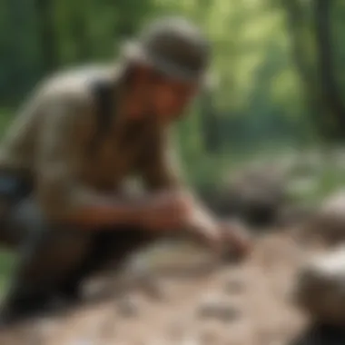 A serene image of a gem hunter exploring a natural site, emphasizing ethical gem hunting practices.