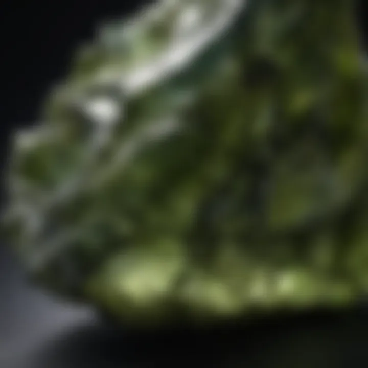 A detailed close-up of a polished moldavite stone highlighting its translucent quality