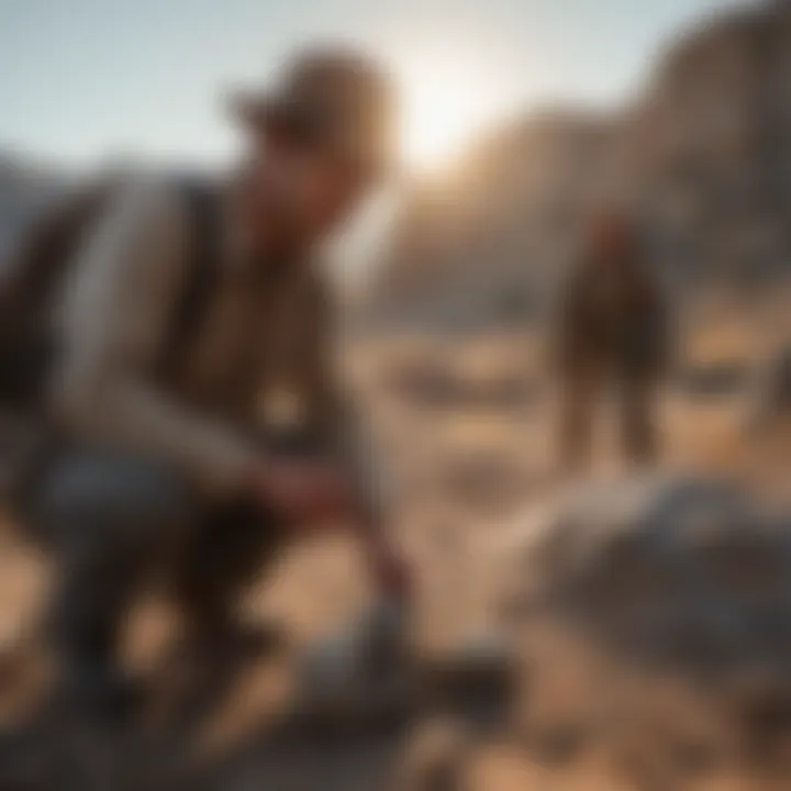 Paleontologists examining ancient fossils in a field setting