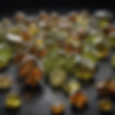 An elegant display of pallasite peridot gemstones arranged artistically on a velvet background.