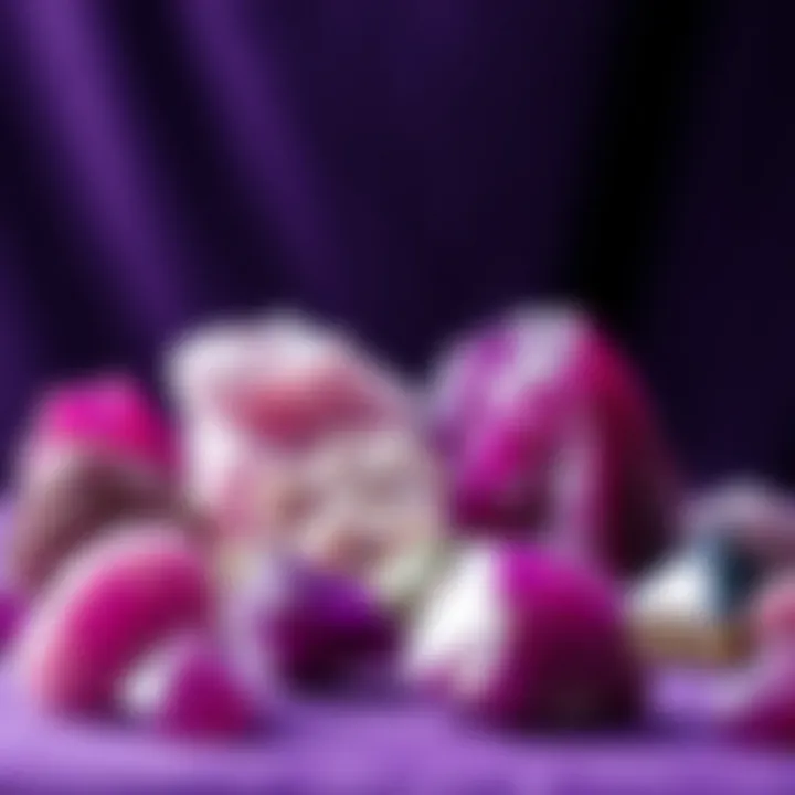 An array of purple minerals displayed on a velvet background, highlighting their vibrant hues and textures.