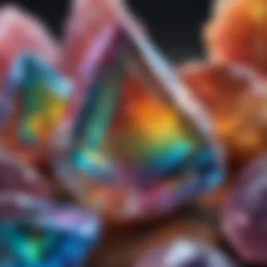 Close-up view of rainbow aura quartz showcasing its vibrant colors