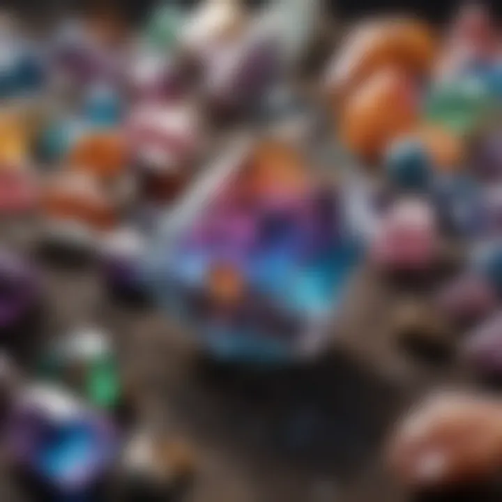 A collection of various rainbow aura quartz pieces displayed artistically