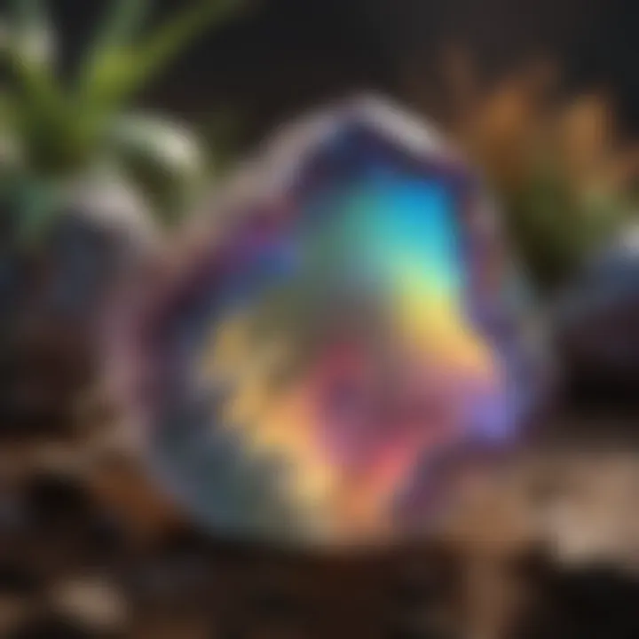 Rainbow aura quartz placed in a serene healing environment