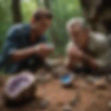 A collector examining a rare geode in a natural setting