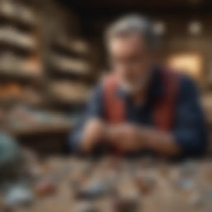 A collector examining rare minerals in a shop