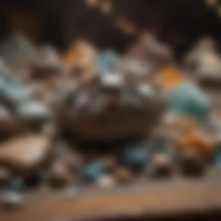 An elegantly arranged display of various rock and mineral specimens in a store.