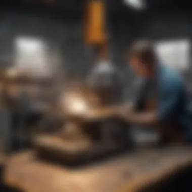 A technician operating a rock saw in a lab environment