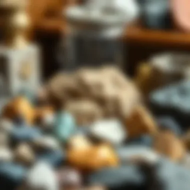 A collection of various rocks in a display, highlighting the hobby of rock collecting.