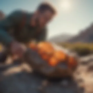 An individual examining a unique rock specimen in a natural setting