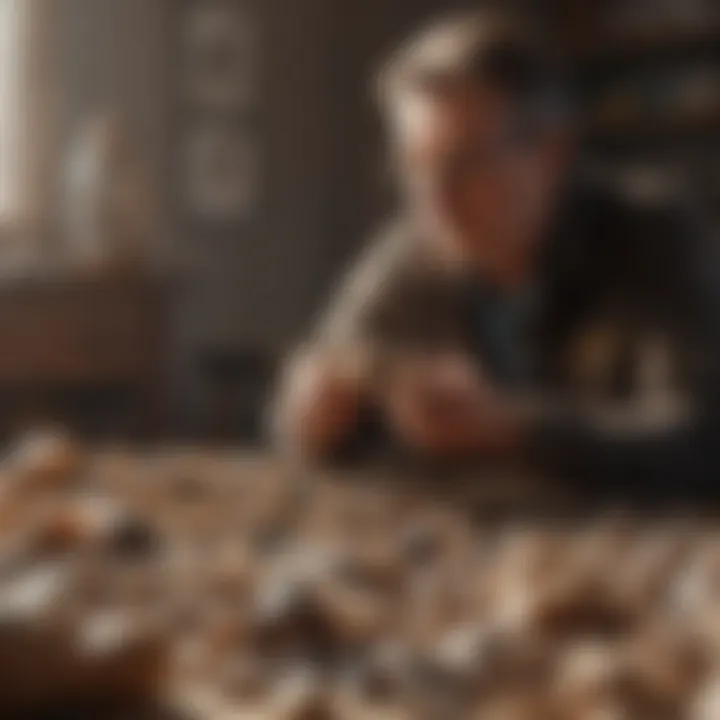 A collector examining a diverse collection of smoky quartz clusters under natural sunlight.