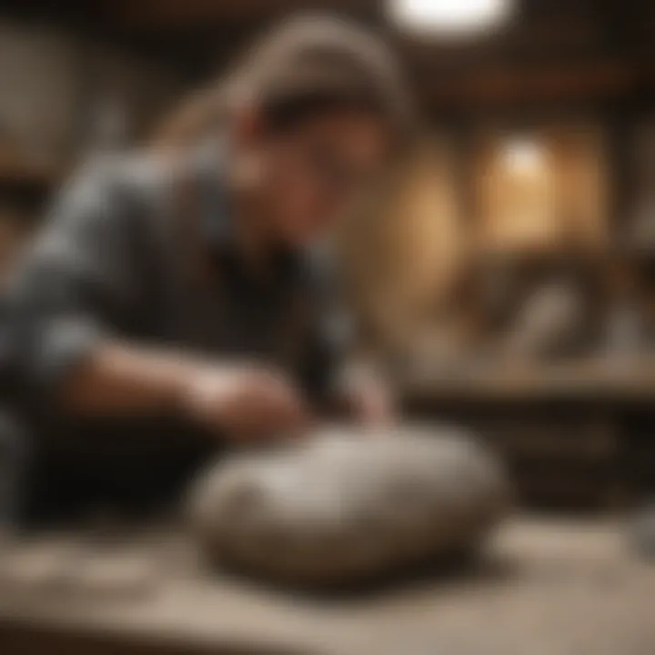 Artisan working on a stone sculpture in a workshop setting