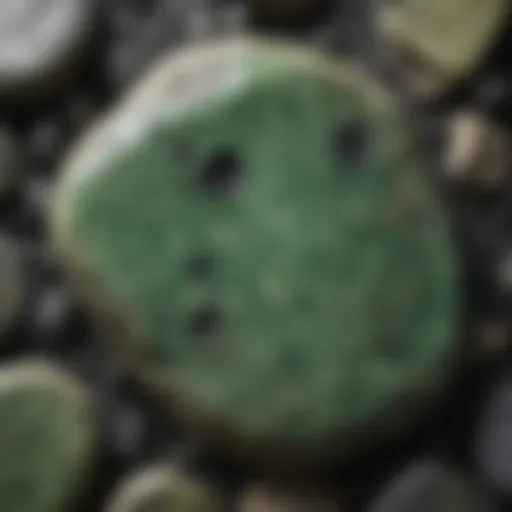 Close-up view of green stone with black spots showcasing its unique texture