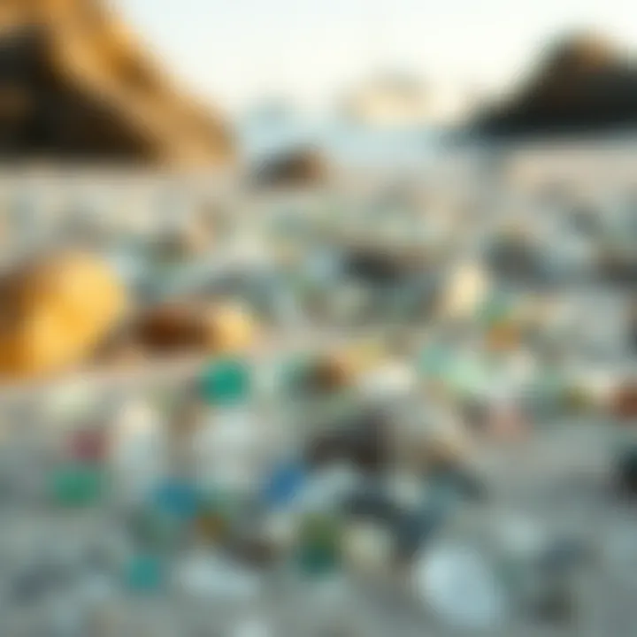 A serene beach scene with sea glass scattered among rocks
