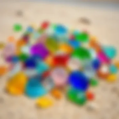 A collection of vibrant sea glass pieces on a sandy beach