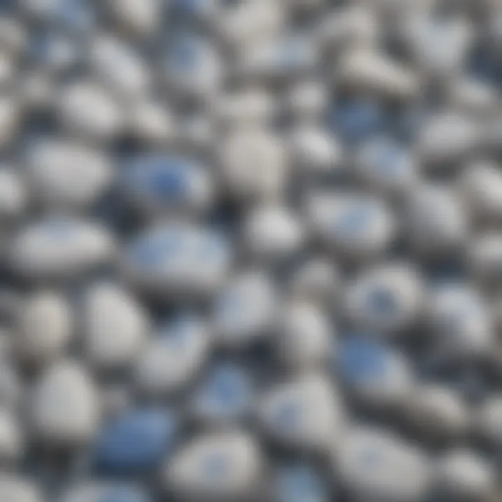 A collection of white stones with blue spots arranged artistically on a natural surface