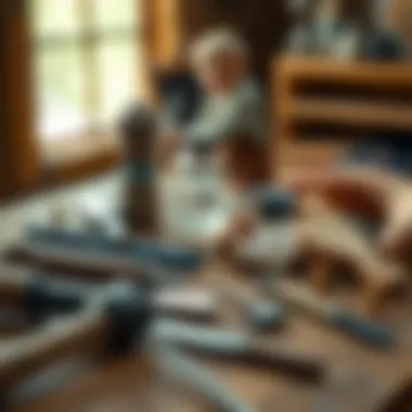 Essential tools for crystal mining laid out on a wooden table