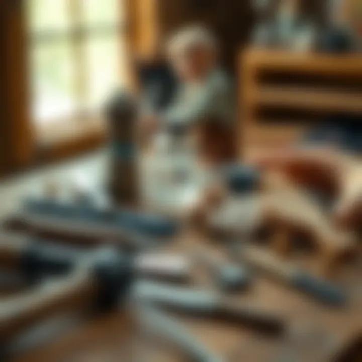 Essential tools for crystal mining laid out on a wooden table