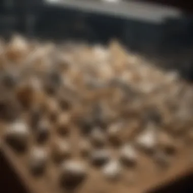 An organized collection of shark teeth and fossils in a display case