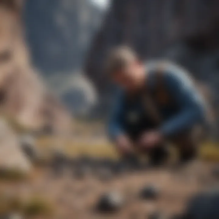 A geologist examining black rocks in a field setting