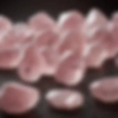 Polished rose quartz pieces arranged artistically on a velvet background.