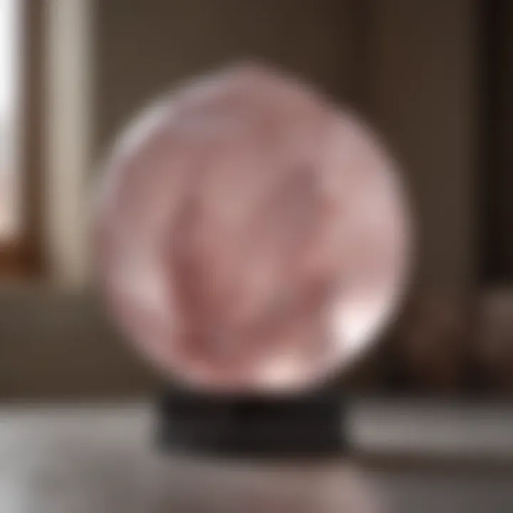 Decorative items made of polished rose quartz in a modern interior setting.