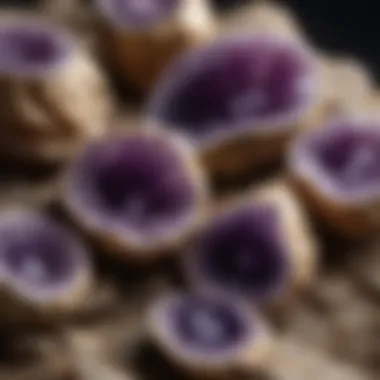 Close-up of raw amethyst geodes showcasing their natural beauty