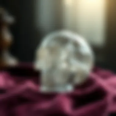 A close-up view of an intricately carved crystal skull resting on a velvet cloth