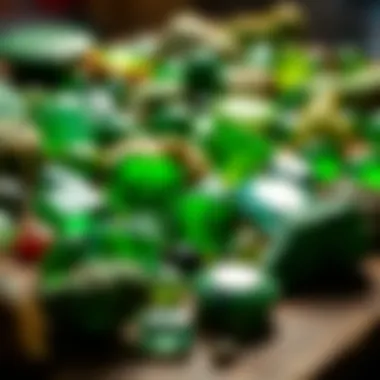 Collection of various green gemstones on display