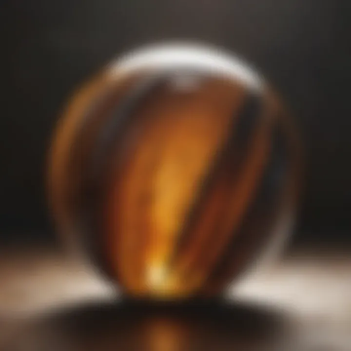 Tigers Eye sphere illuminated by natural light, highlighting its reflective qualities