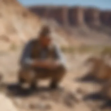 Paleontologist Analyzing Fossils in the Field Paleontologist studying dinosaur fossils