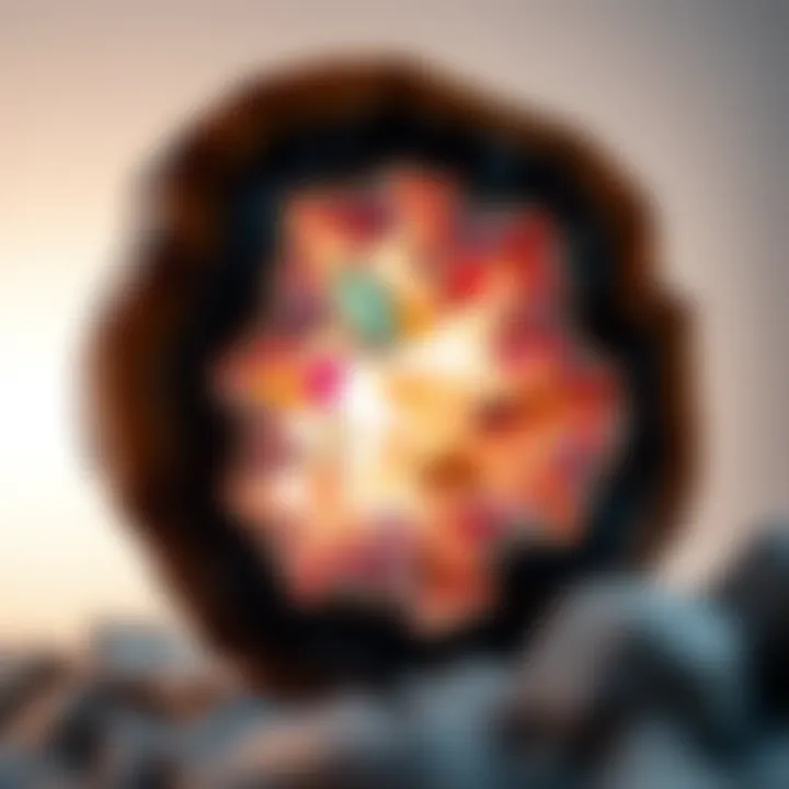 An intricate cross-section of a geode revealing vibrant mineral formations within