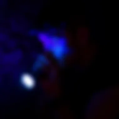 An enthusiast using a UV flashlight in a dark environment