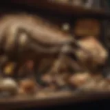 A collection of intricate dinosaur fossil toys displayed on a shelf.