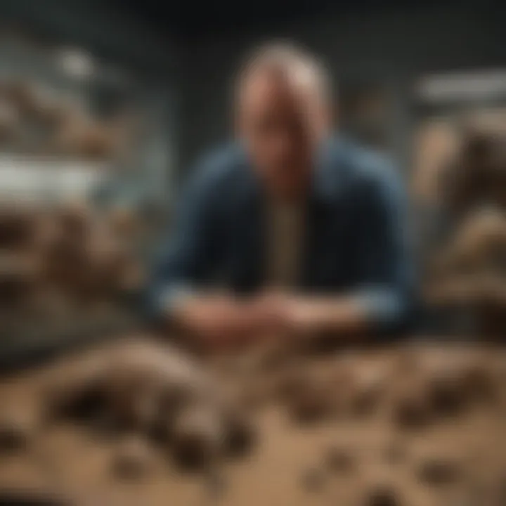 An adult collector examining dinosaur fossil toys in a well-lit display case.