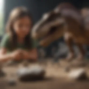 Educational Engagement with Dinosaur Fossil Toys A child engaged in an educational activity with dinosaur fossil toys.