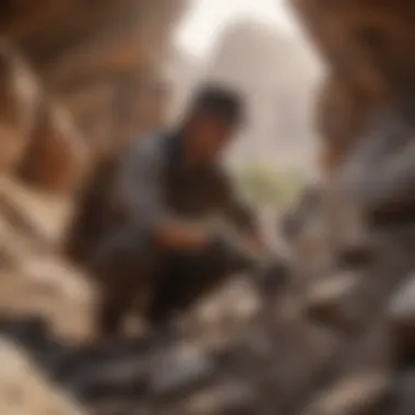 Fossil hunter examining a rock formation for fossils