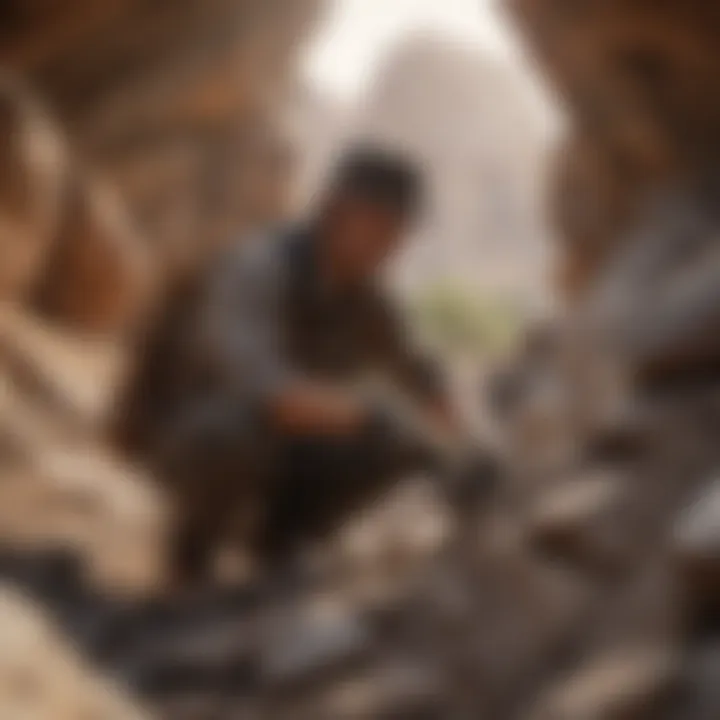 Fossil hunter examining a rock formation for fossils