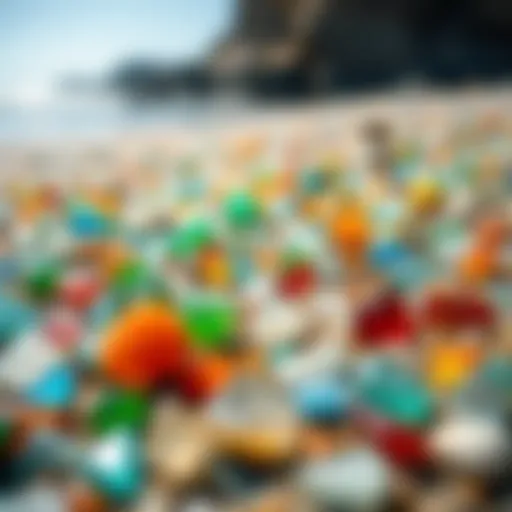 Vibrant sea glass pieces scattered on the shore