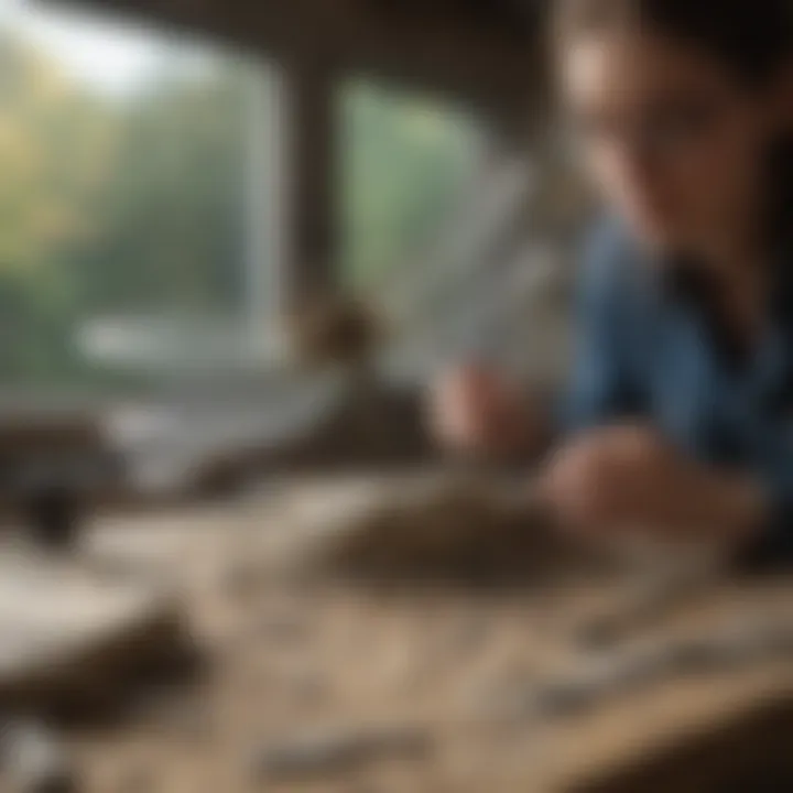 A paleontologist studying dragonfly fossils in a lab setting.