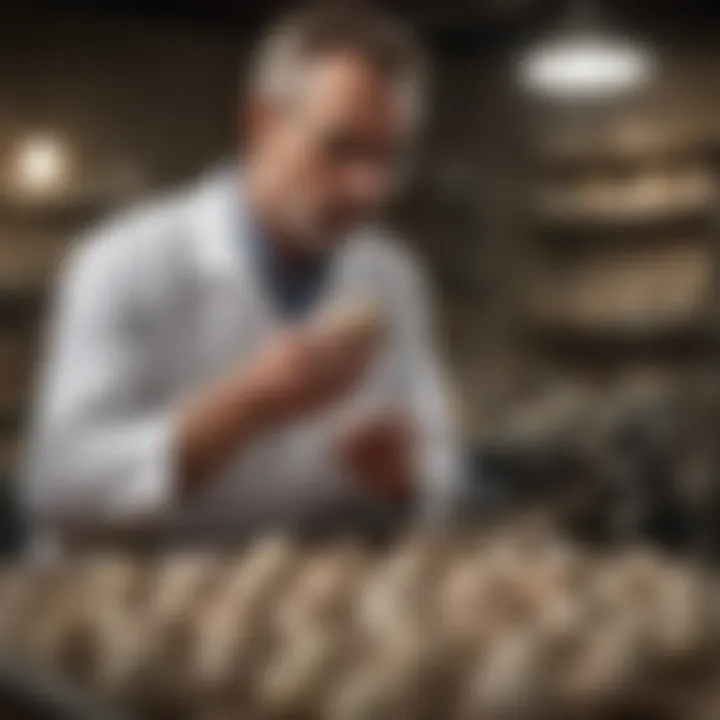 A paleontologist examining dinosaur eggs in a lab setting, highlighting research efforts.