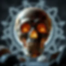 An artistic representation of a large crystal skull surrounded by mystical symbols.