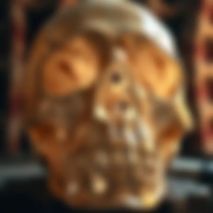 A close-up view of a large crystal skull showcasing intricate details and reflections.