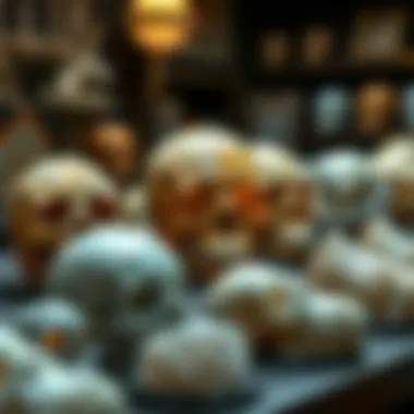 A historical display featuring various large crystal skulls from different cultures.